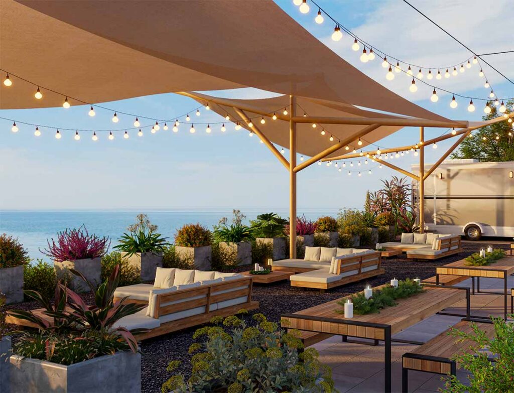 A rendering of The Brook Beer Garden with lounge seating and string lights surrounded by potted greenery, overlooking Lake Ontario.