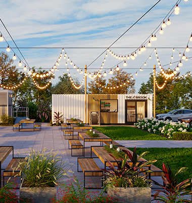 A rendering of The Brook Beer Garden bar and patio with lounge seating, upscale picnic style tables and seating, and string lights surrounded by potted greenery.