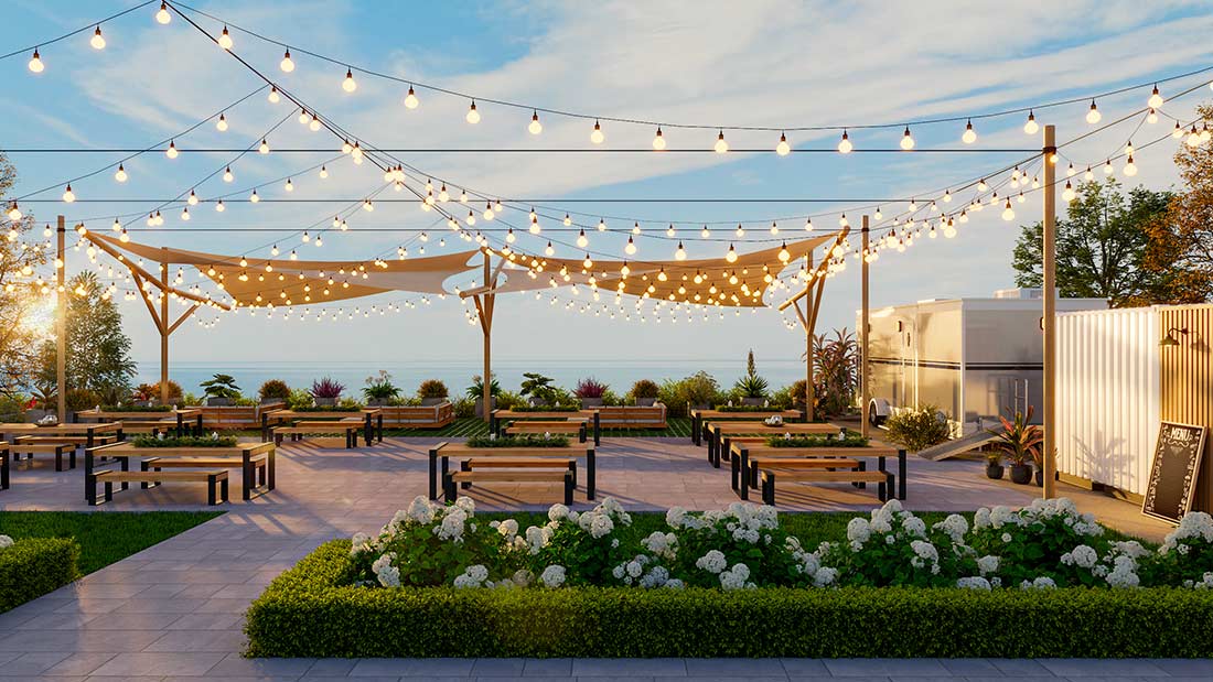 A rendering of The Brook Beer Garden patio with lounge seating, upscale picnic style tables and seating, and string lights surrounded by potted greenery, overlooking Lake Ontario.