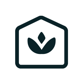 An icon of a greenhouse shape box with peaked roof and a leaf in the centre.