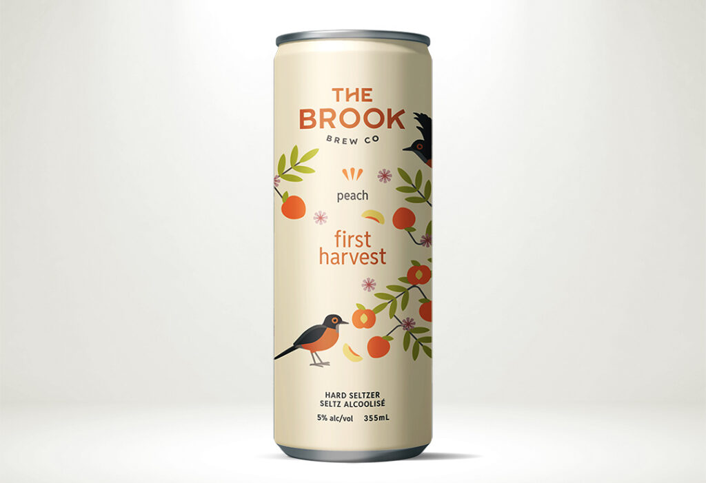 An image showing a can of The Brook Brew Co's First Harvest Peach Hard Seltzer